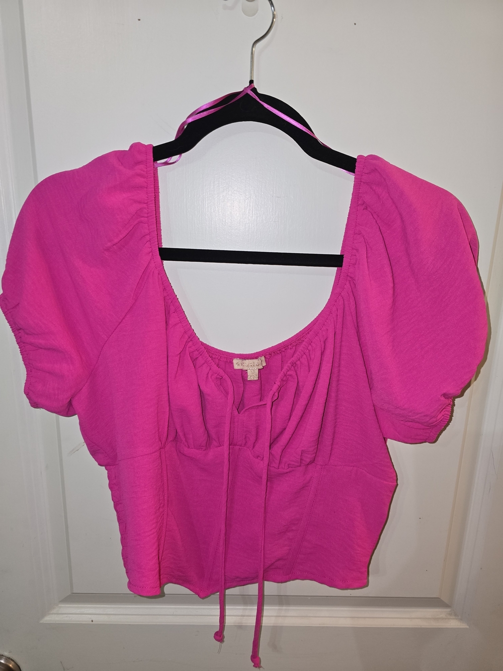 Fuchsia Puff-Sleeve Tie-Front Blouse